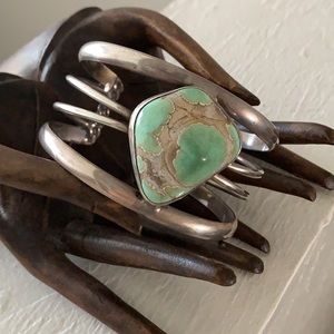 Vintage Native American Green Turquoise Sterling Silver Row Cuff Bracelet